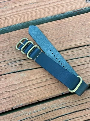 22mm Black Leather Military G-10 Zulu pass through watch strap real bronze - Image 1 of 4