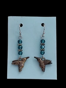 Handcrafted BLUE BEADS HUMMINGBIRD Double-Sided Dangle Earrings HYPOALLERGENIC - Picture 1 of 24