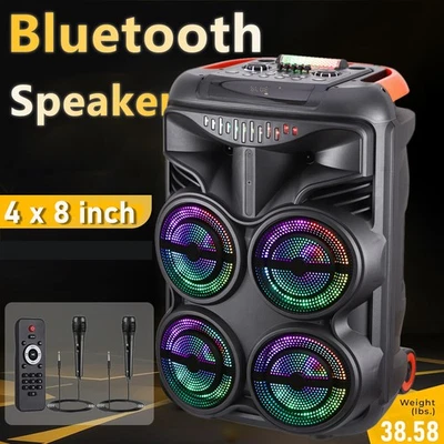 4 X 8" Powerful Portable Bluetooth Party Speakers TMS/USB/TF/FM/EQ/AUX +Two Mics - Image 1 of 4