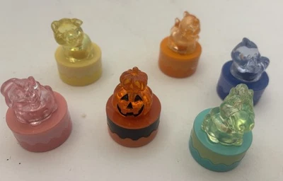 Lote de 6 selos vintage de personagens translúcidos de hipopótamo galinha abóbora brinquedo de Halloween - Imagem 1 de 4