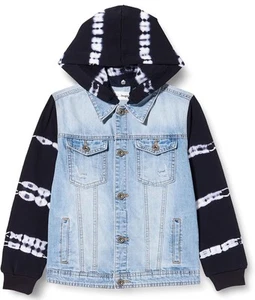 NEW Desigual Boys Denim Jacket 11/12 Blue Black Tie Dye Hooded Button Front Logo - Picture 1 of 7