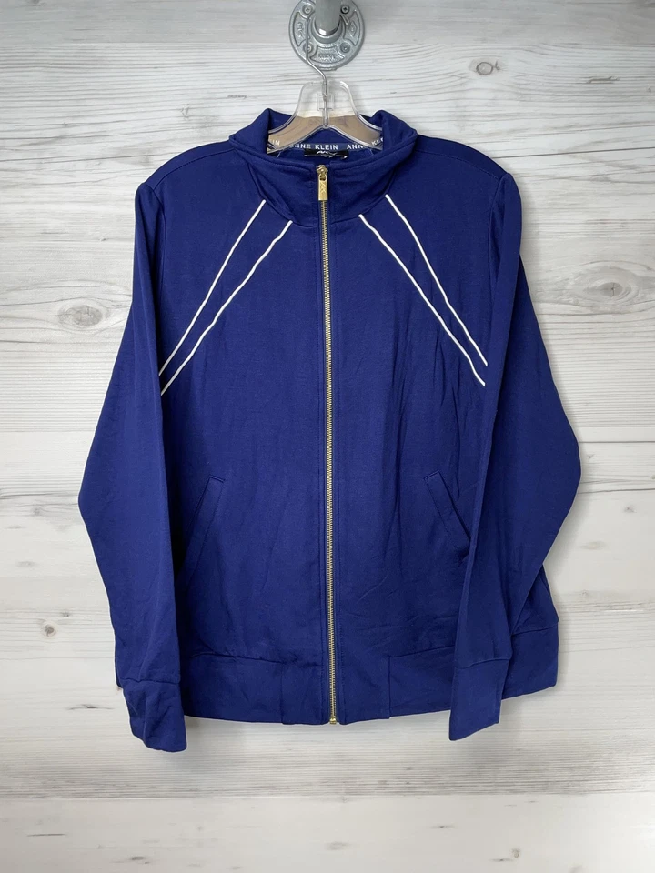 Jaqueta esportiva Anne Klein AK feminina grande azul camden zíper completo pista leve - Imagem 1 de 4