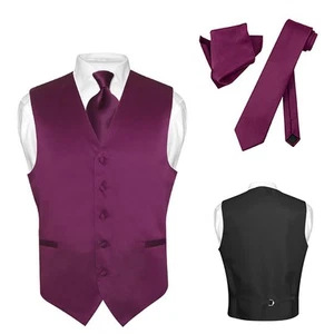 Men's Dress Vest NeckTie Hanky EGGPLANT PURPLE Neck Tie Set for Suit or Tuxedo M - Picture 1 of 4