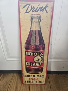 VINTAGE 1936 NICHOL 5 CENT COLA ADVERTISING SIGN 8"X24". - Picture 1 of 6
