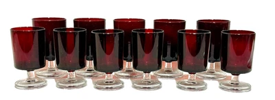 Set 11 Ruby Red Wine Goblet Glasses Glass Luminary Arcoroc Two Sizes France Vtg. - Image 1 of 4