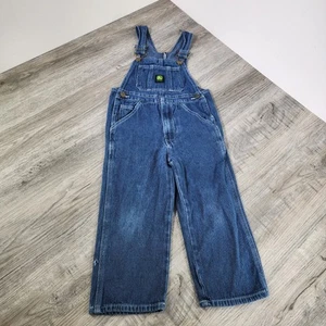 John Deere Bib Overalls Kid Size 5 Blue Jean Denim Logo Farmer Boy Workwear - Picture 1 of 8