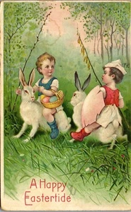 Easter Postcard ~ Children Riding Rabbits Fairy Tale Fantasy Anthropomorphic - Picture 1 of 3