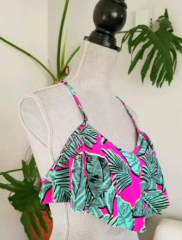 LA Hearts Women's Bright Floral Print Bandeau Bikini Top w Ruffle Bust Flouncy M - Image 1 of 4