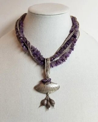 Collar grueso de diez hebras de piedra amatista genuina de plata esterlina KHALSA Foto 1 de 4