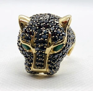Collectors Effy 14K 585 YG .27ctw Emerald 3.53ctw Black Diamond Panther Ring - Picture 1 of 13