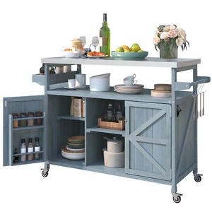 Wood Outdoor Kitchen Island Cart Rolling Bar Cabinet BBQ Grill Table Grey Blue - Picture 1 of 12