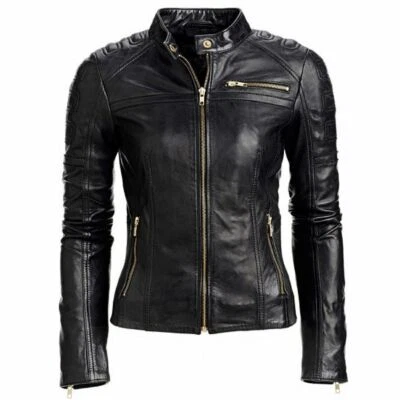 Black Women's Slim Fit Biker Style Real Leather Jacket Women Leather Jacket - Image 1 of 4