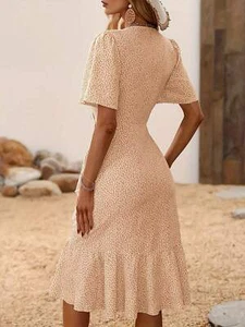 Bohemian Floral V-Neck Flowy Slit Ruffle Short Sleeve Midi Dress - Beach Dress f - Picture 1 of 35