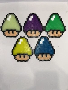 Nintendo Mario Mushroom Perler Bead Art Glow In The Dark, Purple, Green, Blue - Picture 1 of 4