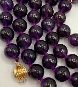 VINTAGE TIEF LILA AMETHYST PERLEN HANDGEKNÜPFT HALSKETTE 14K GOLD VERSCHLUSS 32" LANG - Bild 1 von 12