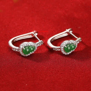 Natural Grade A Green Jadeite Gourd Solid 925 Silver Hoop Earrings Small 17mm H - Picture 1 of 4