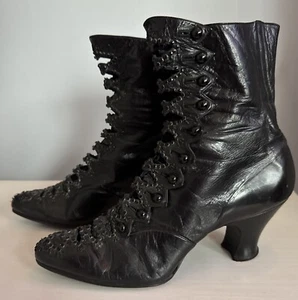 Exquisite Antique Sorosis Edwardian Black Leather Beaded Button Up Women’s Boots - Picture 1 of 22
