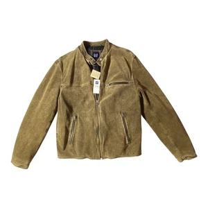 GAP Giacca Scamosciata Uomo Marrone Medio Moto Biker Full Zip Pelle di Vacchetta Nuova Etichette - Foto 1 di 13