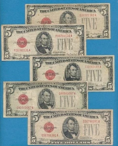 5-$5.00 1928 MIXED RED SEAL LEGAL TENDERS AVERAGE CIRCULATED DEALERS LOT - Picture 1 of 2