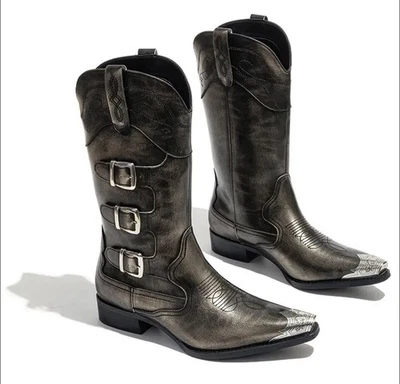 Botas vaqueras de cuero rústico para hombre | Bordadas occidentales con correas talla 11 Foto 1 de 4