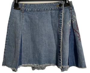 Jean Skirt Lucky Brand Graphic LB Vintage Pleats Size 12 Raw Hem Button Close - Picture 1 of 19