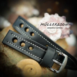 Correa de reloj de rally de cuero genuino Horween 20 mm negro hecho a medida - Imagen 1 de 7