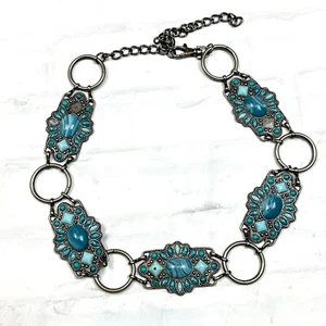 Antique Silver Tone CONCHO CHAIN BELT S/M Rectangle Medallion Turquoise Ornate - Picture 1 of 9
