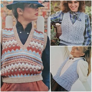 1980s Vest Lady Man Fair Isle Button Waist Lace Patons 726 Knitting Pattern - Picture 1 of 6