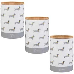 Set Of 3 Ceramic Tea Coffee Sugar Canisters Jars Sausage Dog Storage Jars Pots - Picture 1 of 4