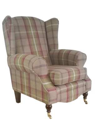 METRO FURNITURE NORTH EAST LIMITED Accent Wing Back Cottage Chair Balmoral Heather Tartan Fabric Dark Wood Legs