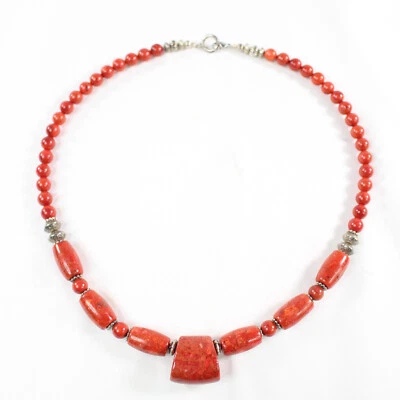 Collar Grande Grueso Coral Rojo con Cuentas Tono Plata 120g 27" Largo Foto 1 de 4