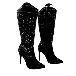 NWOB Lauren Lorraine LUCKY Knee High Black Rhinestone Studded Boots Sz 7 Glam - Picture 1 of 15