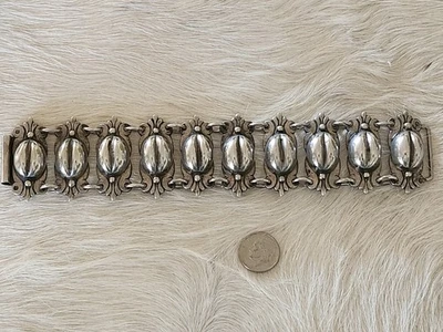 VINTAGE Mexico Coffee Bean Link Bracelet Stamped Silver Chunky, Heavy Retro 7.5” - Image 1 of 4