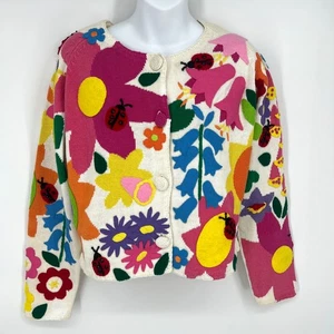 Vintage 90s Michael Simon Wild Flowers Felt Crochet Cardigan Sweater Size Small - Picture 1 of 9
