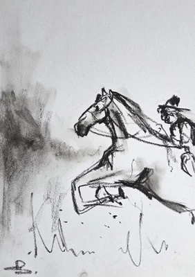 Dibujo Pastel al Óleo Original Vaquero 12X8" VIVEK MANDALIA Coleccionable Minimalismo Foto 1 de 2