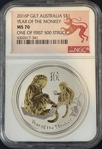 2016 Australia GILT GILDED $1 Lunar MONKEY NGC MS70 1oz Silver Coin 🐒1st 500🐒 - Picture 1 of 7