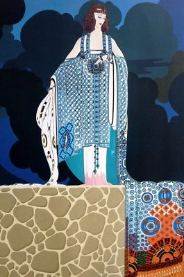 Erte 1987 MARY GARDEN Dama de pie en pared de piedra por la noche Art Deco impresión mate Foto 1 de 4