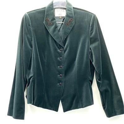 Antiga Jaqueta Feminina KASPER Veludo Frisado 10 Verde 5 Botões Algodão Fantasia Vitoriana - Imagem 1 de 4