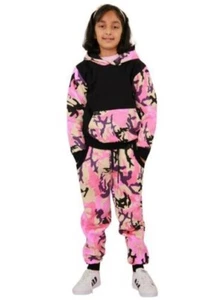 Kids Girls Boys Tracksuit Designer Camouflage Contrast Top & Bottom Jogging Suit - Picture 1 of 10