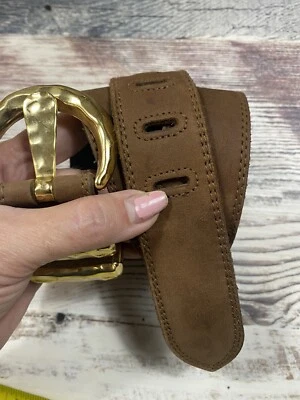 VTG Express Brown Suede leather Gold Hammered Detail 35 Inches - Image 1 of 4