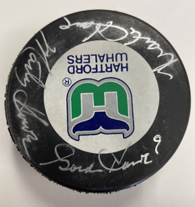 Gordie, Marty & Mark Howe Signed Hartford Whalers Hockey Puck JSA Authenticated