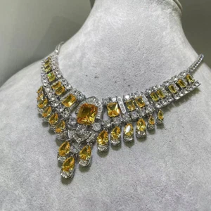 Neu Luxus Damen Schmuck gelber Citrin Topas Edelsteine Charm Silber große Halskette - Bild 1 von 9