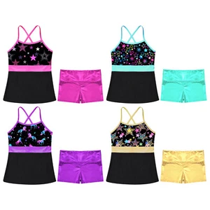 Girls Clothing Sets Sleeveless Dance Outfit Metallic Dancewear High Waist Tops - Picture 1 of 37