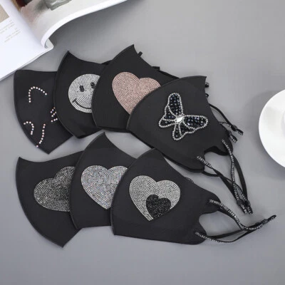 Women's Face Mask Rhinestone Pattern Sun Block Dustproof Warm Embossing Ear-moun - Image 1 of 4
