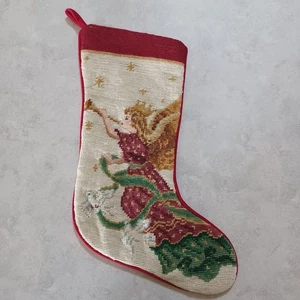 Calza natalizia vintage ago punto croce foderato velluto retro angelo tromba - Foto 1 di 21