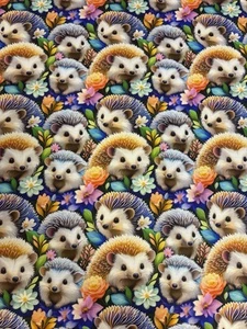 Hedgehog Floral Printed Cotton Fabric. Sold By The Metre - Picture 1 of 6