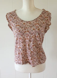 Rachel Zoe Linen Shirt Crop Top Small Floral Brown Orange Ruffle Short Sleeve - Picture 1 of 8