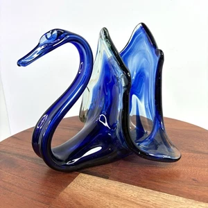 Vintage Blown Art Glass Cobalt Blue Swirls Swan Napkin Holder Mail Letters Stand - Picture 1 of 13