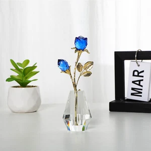 Statuetta Fiore Rosa Cristallo Blu da Collezionare con Vaso di Cristallo Decorazione Matrimonio - Foto 1 di 5
