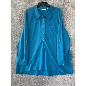 Soft Surroundings Womens 2X Tunic Top French Terry Teal Button Popover Shirt - Picture 1 of 15